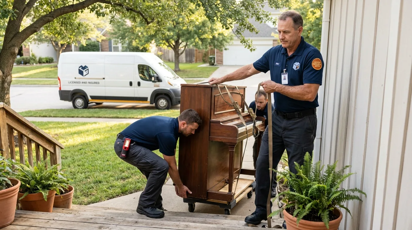 Licensed piano movers securing grand piano in Cass City, MI