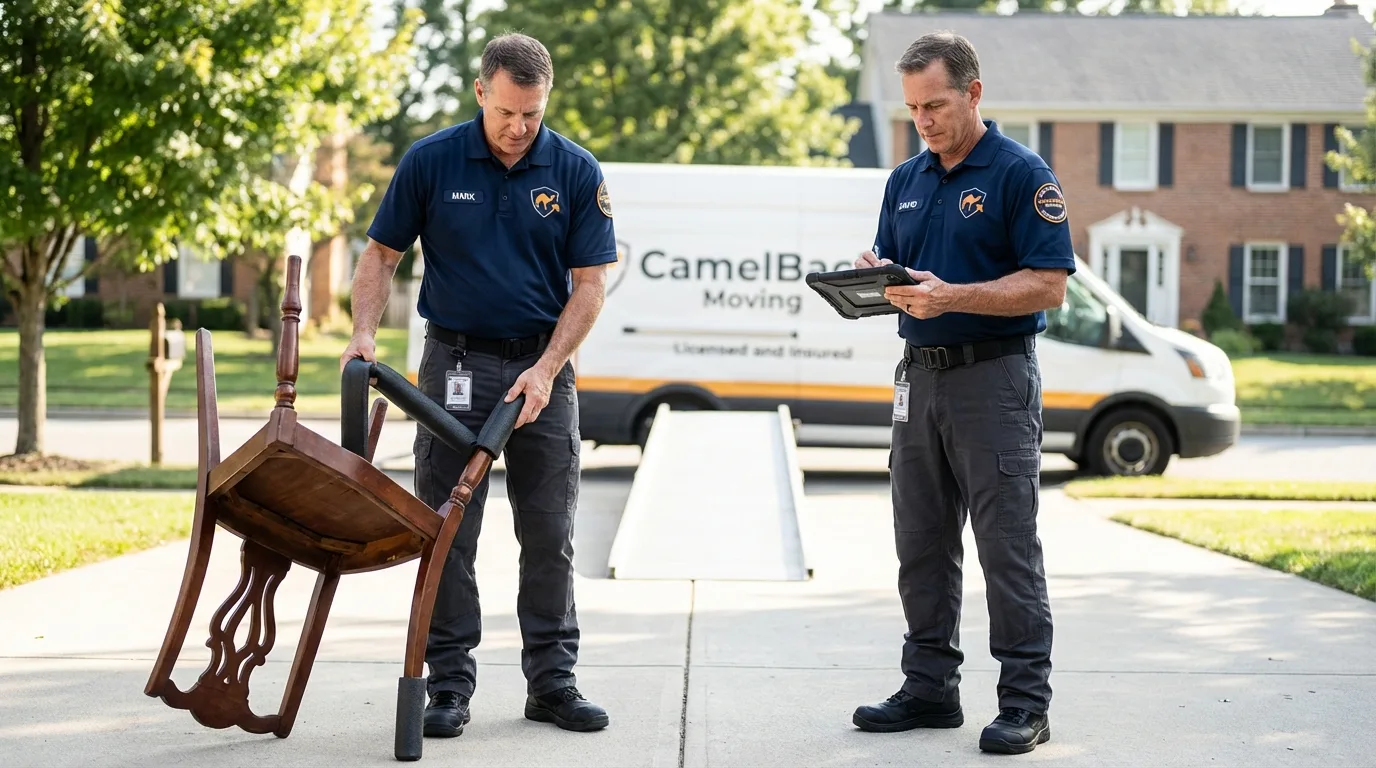 Movers inspecting furniture for damage prevention before loading in Cass City, MI