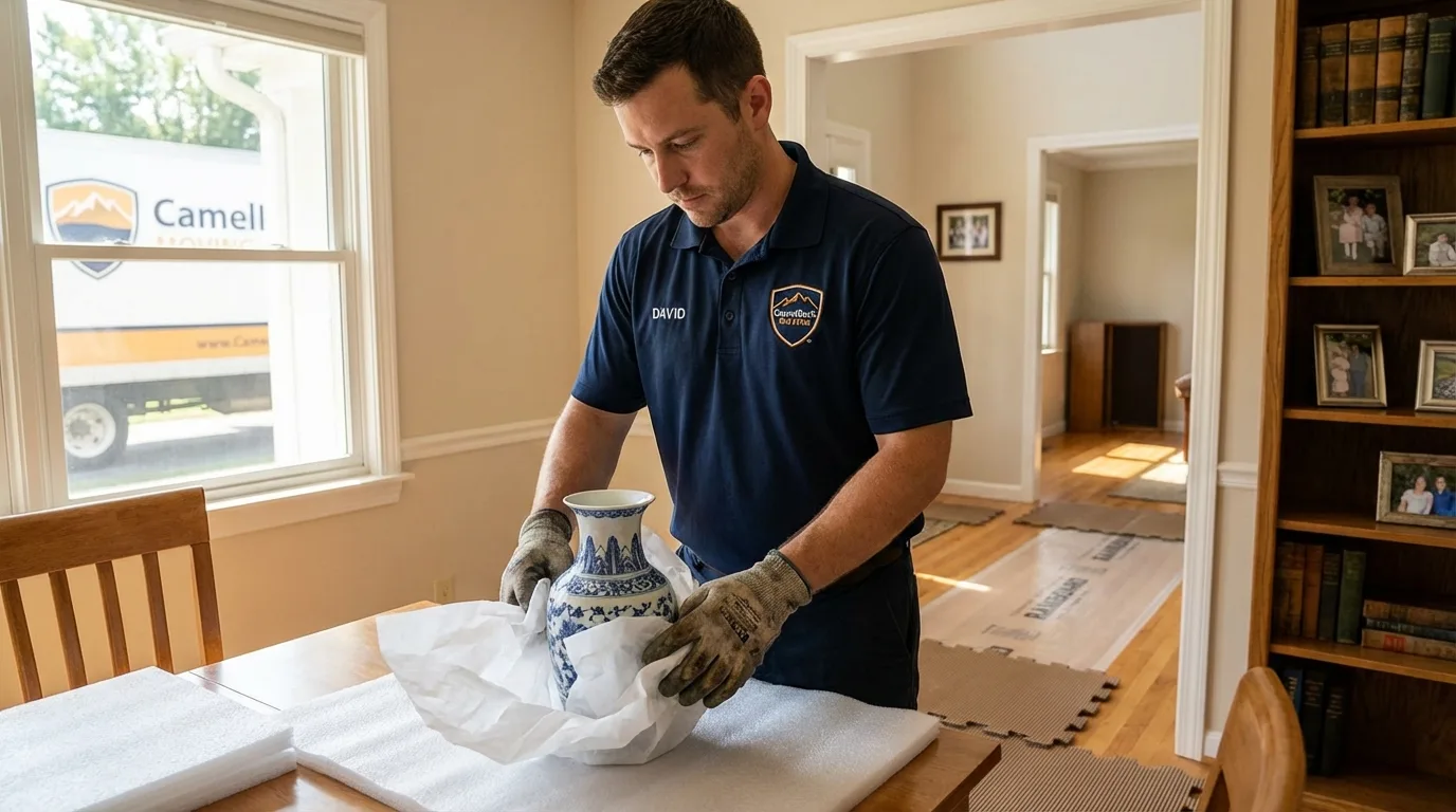 Professional crew carefully wrapping antique vase for senior downsizing move in Cass City, MI